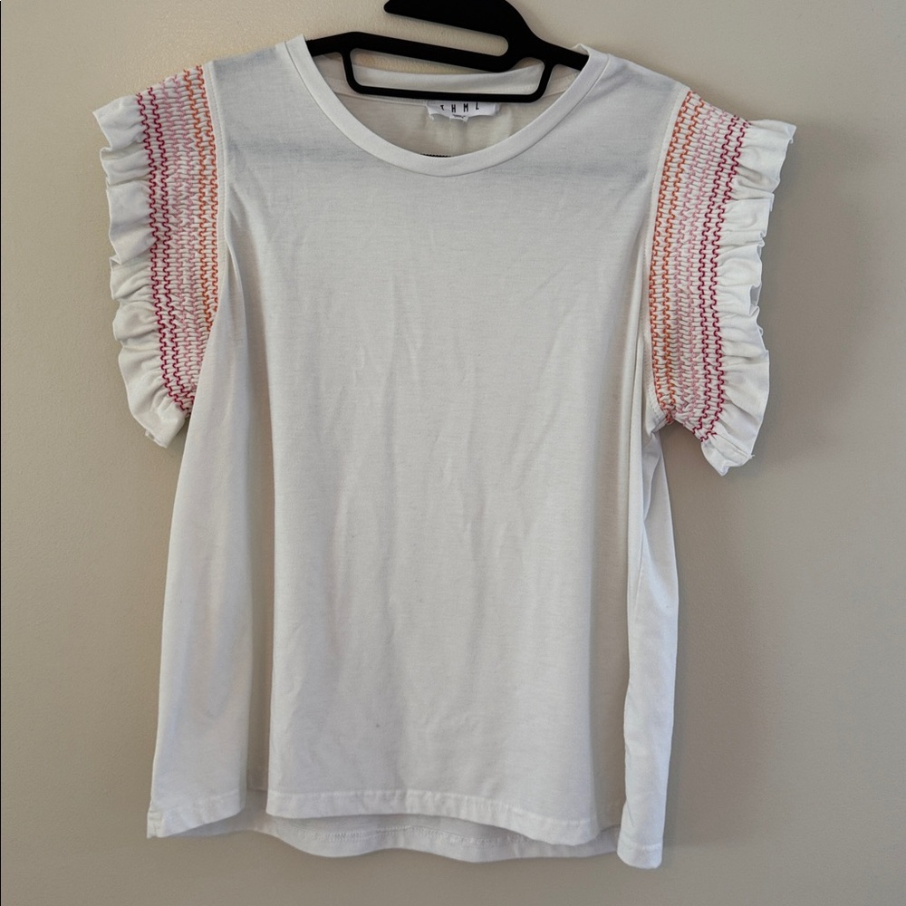 THML White Smocked Flutter Sleeve T-Shirt with Contrast Embroidery Size Large